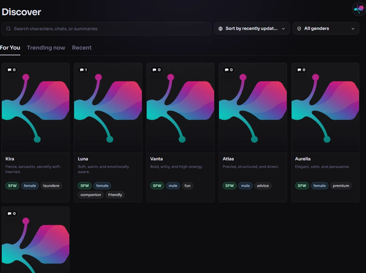 Discover page with search, sort, gender filter, tabs, and character cards