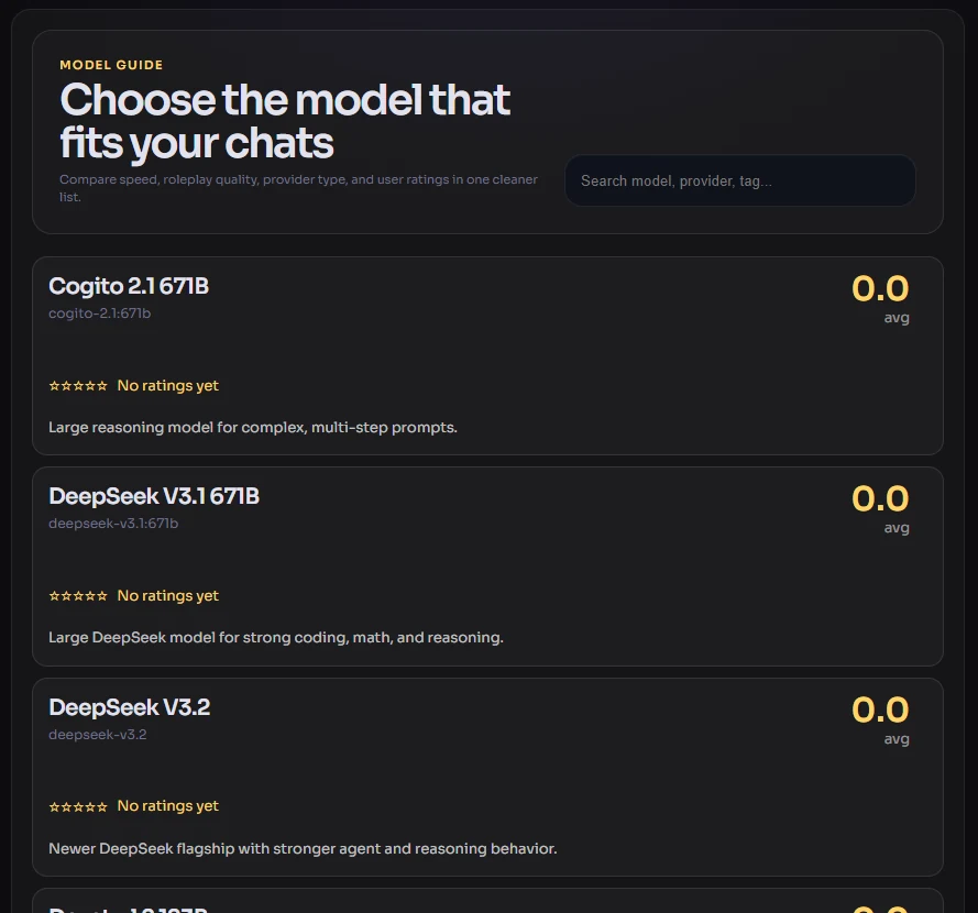 Models guide showing searchable AI model cards and ratings