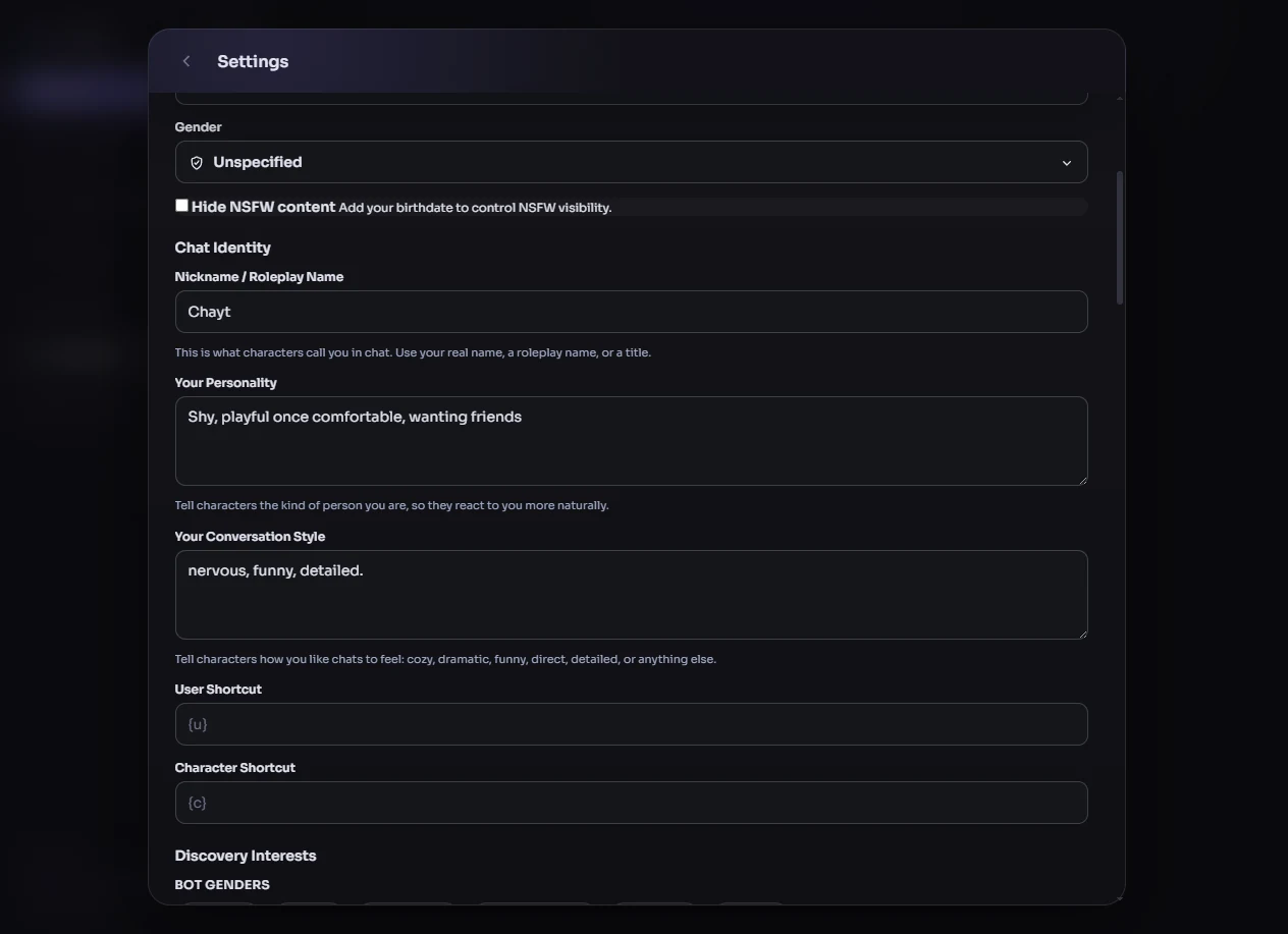 Settings and app controls screenshot