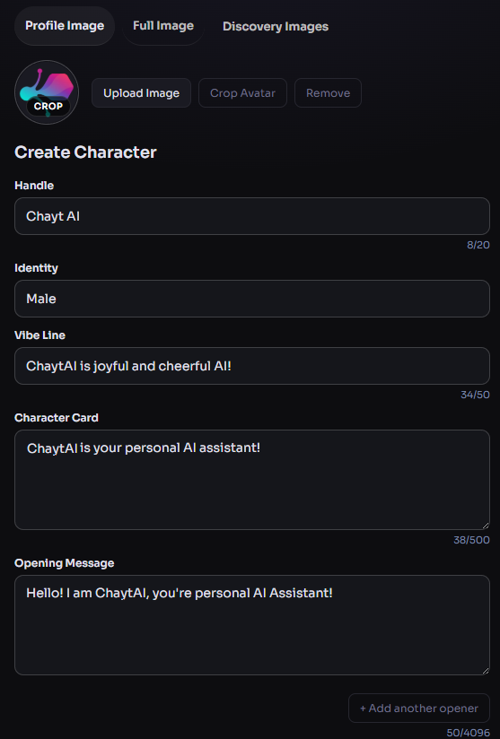 Create Character form screenshot